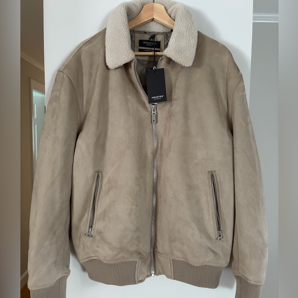 Mens Beige Bomber Jacket with Shearling Collar